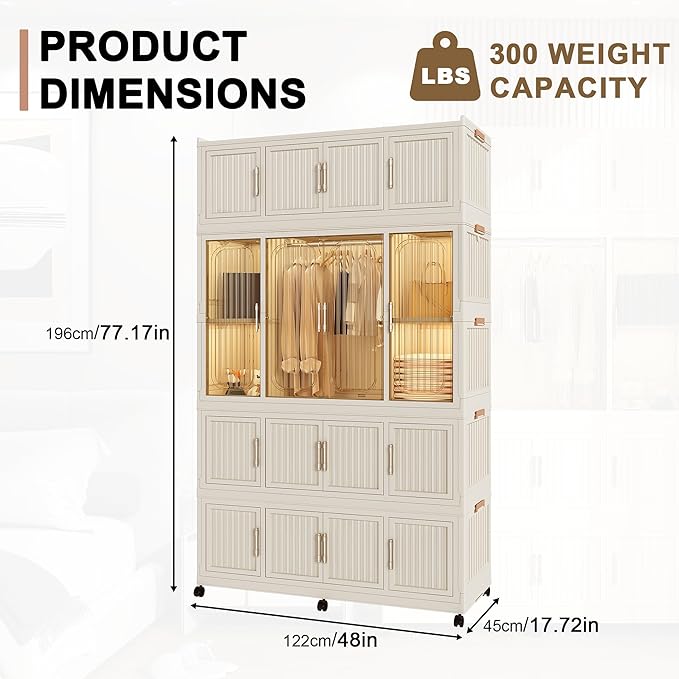 Portable Closet Wardrobe, Foldable Clothes Organizer with 17 Cubes Storage, Hanging Rods, Easy Assemble Clothing Organizer wi