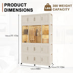 Portable Closet Wardrobe, Foldable Clothes Organizer with 17 Cubes Storage, Hanging Rods, Easy Assemble Clothing Organizer wi