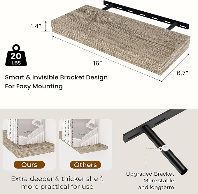 Dreamland 16 Inches Floating Shelves for Wall,6.7 Inch Deep Floating Shelves Set of 2, Large Display & Storage Shelf, Wall Sh