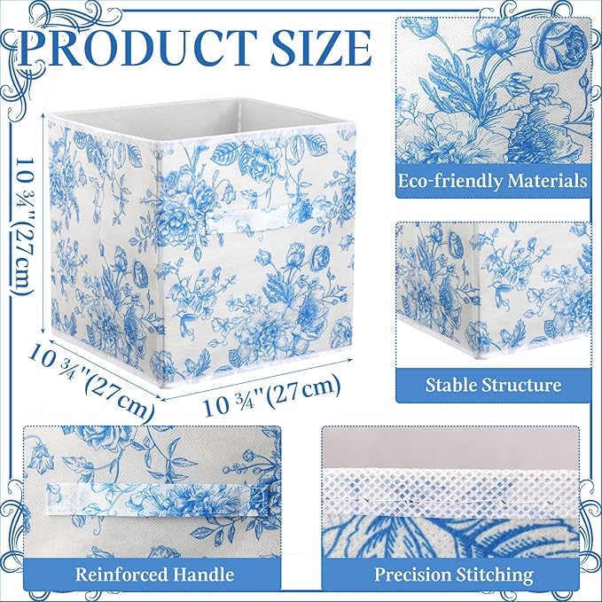 Geelin 6 Pcs Blue Floral Cube Storage Bins 11 Inch Blue Flower Storage Basket with Handle, Preppy Girls Organizer Basket, Col