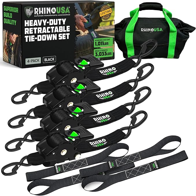 Rhino USA Retractable Ratchet Straps (4-Pack) - 2 Inch x 10 Feet (3,033lb Break Strength) - Heavy Duty Auto Self Retracting Tie Down Straps for Truck, Cargo Trailer, Motorcycle, Rad & More - Black