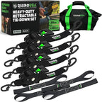 Rhino USA Retractable Ratchet Straps (4-Pack) - 2 Inch x 10 Feet (3,033lb Break Strength) - Heavy Duty Auto Self Retracting Tie Down Straps for Truck, Cargo Trailer, Motorcycle, Rad & More - Black