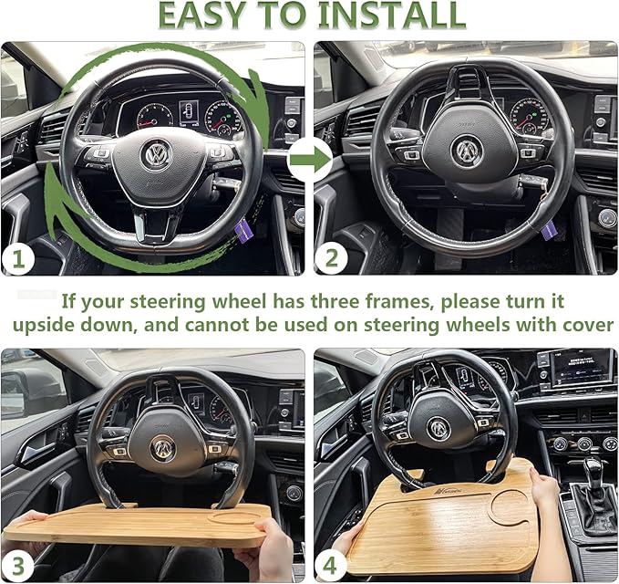 Steering Wheel Tray Double Sided Bamboo Car Laptop Steering Wheel Desk Multifunctional Car Food Trays Car Table Steering Wheel Tray for Eating, Tablet, iPad or Notebook Travel Car Accessories