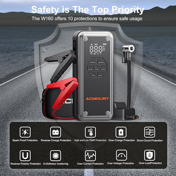Acmount W160 Jump Starter with Air Compressor, 5000A Portable Car Jump Starter 150PSI Tire Inflator/Air Pump, 12V Battery(Up