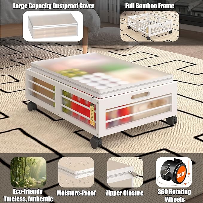 Bamboo Underbed Storage Containers with Wheels & Bag 2 Pack, Large Under Bed Rolling Storage Bins Wood Under Bed Clothes Stor