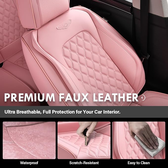 Coverado Full Set Car Seat Covers, Luxury Faux Leather Waterproof Seat Covers, Pink Car Seat Protectors, Universal Fit for Mo