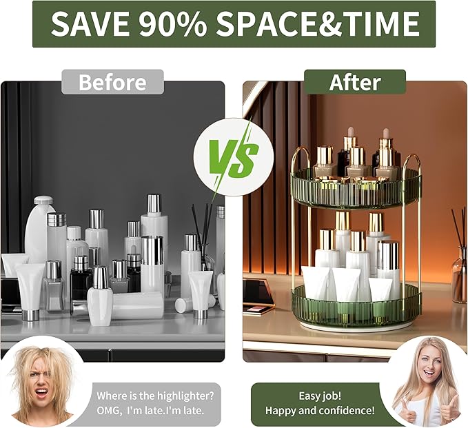 YCIA&DONE 360 Rotating Makeup Organizer and Storage for Vanity Countertop 2 Tiers, High Capacity Cosmetic Skincare Perfume Or