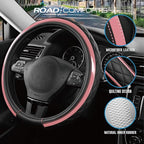 Road Comforts Leather Steering Wheel Cover – Black & Pink, Universal Fit 14.5-15 Inch, Microfiber Leather, Anti-Slip & Breath