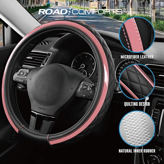 Road Comforts Leather Steering Wheel Cover – Black & Pink, Universal Fit 14.5-15 Inch, Microfiber Leather, Anti-Slip & Breath