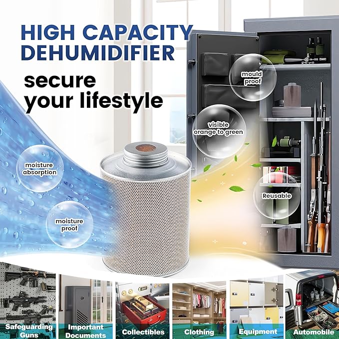 750 Grams 16 Pack Gun Safe Dehumidifier, Reusable Canister Desiccant Dehumidifier, Rechargeable 1.65 Lbs Indicating Silica