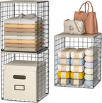 Taller Closet Organizers and Storage with Wood Top, Set of 3 Stackable Wire Storage Bins for Clothes, Bags, Towels, Double St