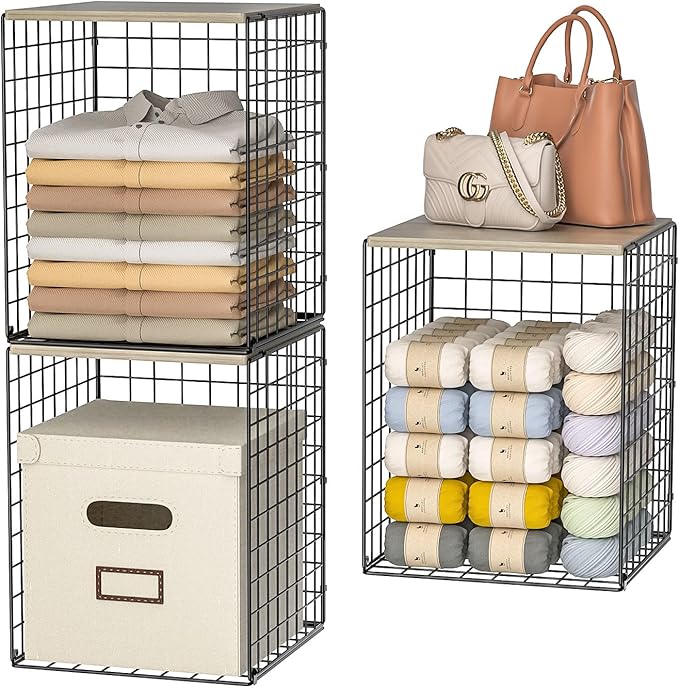 Taller Closet Organizers and Storage with Wood Top, Set of 3 Stackable Wire Storage Bins for Clothes, Bags, Towels, Double St