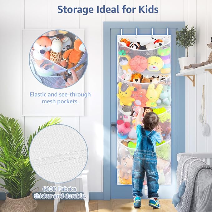 Woodoulogy Hanging Stuffed Animal Storage, Over Door Large Plush Toy Organizer with Metal Hook, Baby Accessory Holder Idea fo