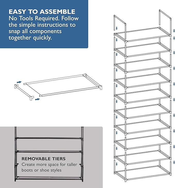 Sundaze Shoe Rack - 10 Tier Shoe Rack for Front Door Entrance, Sturdy Tall Shoe Organizer for Closet, Bedroom, Entryway, Gara