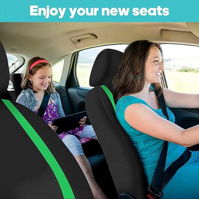 FH Group Unique Flat Cloth Full Set Car Seat Covers w. Silicone Steering Wheel Cover- Universal Fit for Most Cars, Trucks, SUVs or Vans (Green/Black)