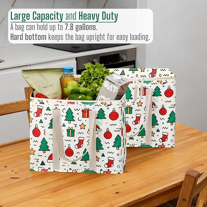 VENO 2 Pack Cooler Bag, Insulated Grocery Bags for Food Delivery, Collapsible Cooler, Reusable Shopping Bags for Groceries, Hard Bottom, Water Resistant, Zippered, Foldable (Jingle Mix, 2 Pack)