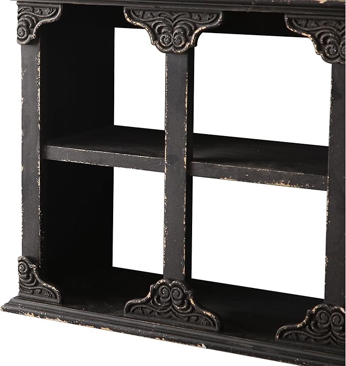 SOFE Distressed Black Floating Shelf with Carved Accents, 3-Tier Wall Shelving Unit, 24 Inch Long Farmhouse Decorative Wooden