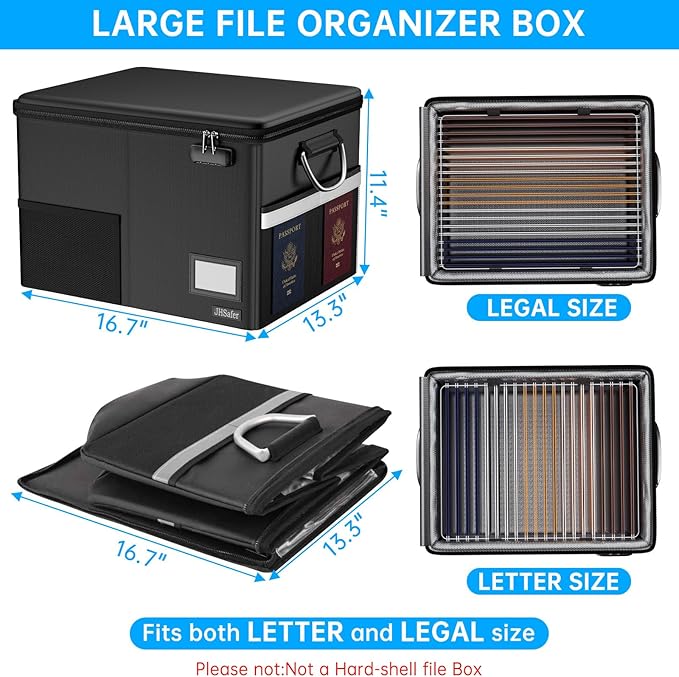 5200℉ Fireproof Document Box with Lock, Waterproof File Organizer with Handle, Portable Collapsible Filing Cabinet with Refle