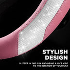 PIC AUTO Steering Wheel Cover, Sparkly Crystal Bling Glitter with Pink Leather, Universal Fit 14.5"-15.5" Car Steering Wheels