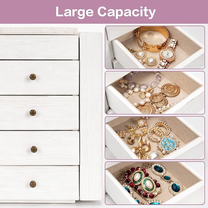 Meangood Jewelry Box Wood for Wowen, 5-Layer Large Organizer Box with Mirror & 4 Drawers for Rings, Earrings, Necklaces, Whit
