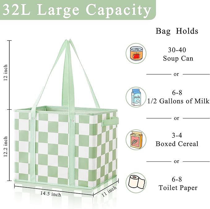 Checkered Reusable Grocery Bags Heavy Duty 3 Pack Foldable Shopping Bags with Handles for Groceries Collapsible Tote