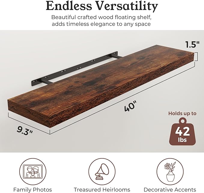 Floating Shelves for Wall, 9.3" Deep Wall Mounted Wood Shelves for Bathroom, Bedroom, Living Room, Kitchen, Hanging Shelf for