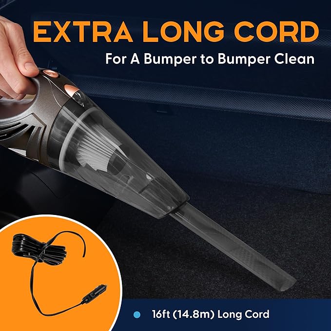 THISWORX Car Vacuum Cleaner - Portable, High Power, Handheld Vacuums w/ 3 Attachments, 16 Ft Cord & Bag - 12v, Auto Accessori