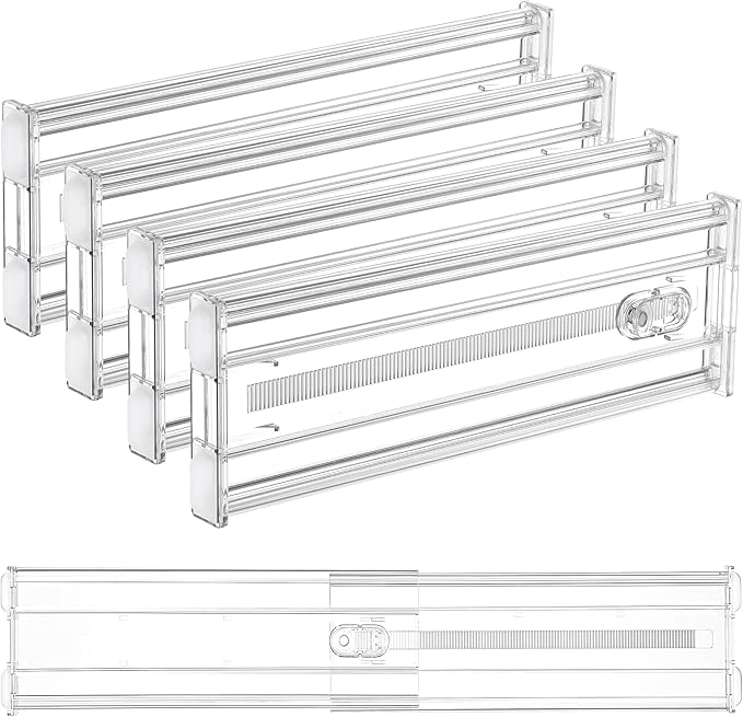 Vtopmart 4 Pack 4" Regular Upgrade Drawer Dividers for Clothes, 12.8"-22.3" Expandable Dresser Drawer Organizer, Clear Plasti