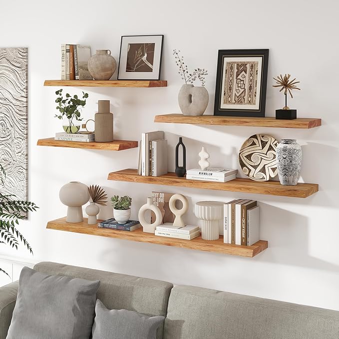RICHFOCUS Live Edge Elm Floating Shelves - 30" W x 9.3" D Rustic Solid Wood Wall Shelves with Invisible Bracket, Wall-Mounted