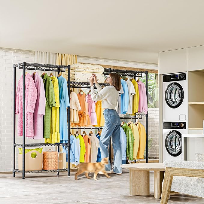 M MZG Heavy Duty Rolling Garment Rack 6 Tiers Adjustable Wire Shelving Clothes Rack with Rods Storage Closet Clothing Rack Bl