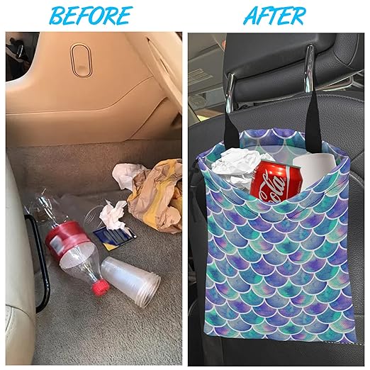 Car Trash Bag Hanging Mermaid Rainbow Scales Car Trash Can Waterproof Garbage Bag Hanging for Car Back Seat
