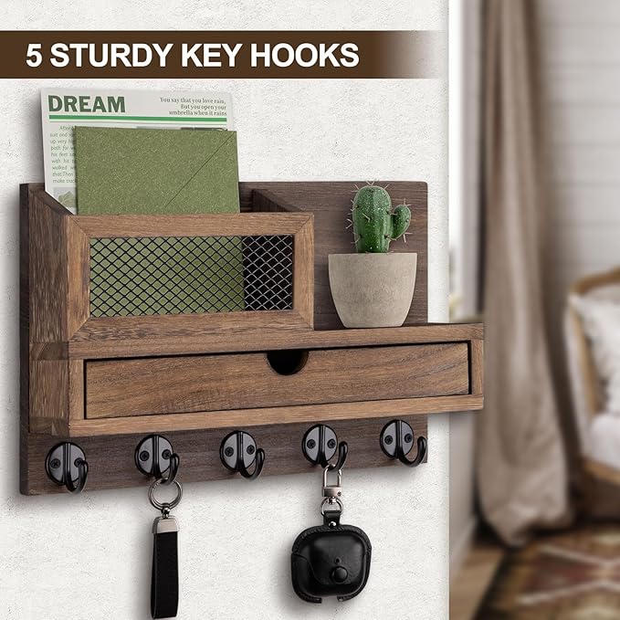 Key Holder Wall Mount, Key Holder for Wall with 5 Key Hooks and Storage Drawer Mail Organizer for Entryway Living Room Farmho
