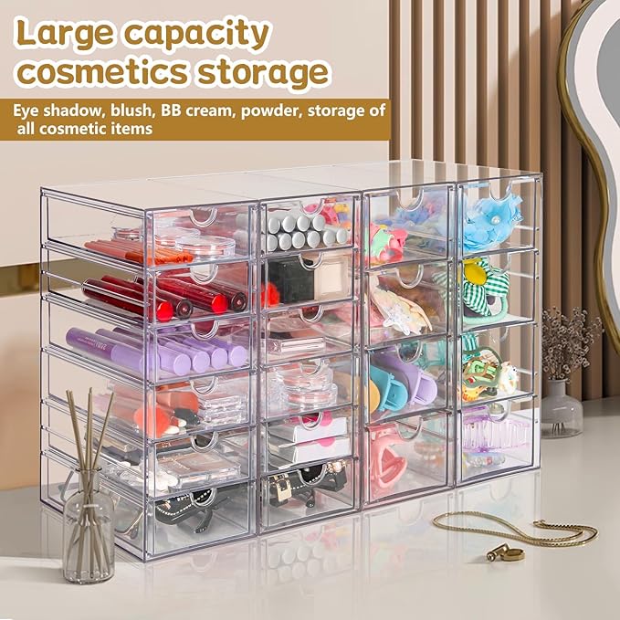 VZKAH Acrylic Organizer with Drawers | 20 Drawers 4 Sets | Desk Organizer and Storage, Clear Makeup Organization, For Office/