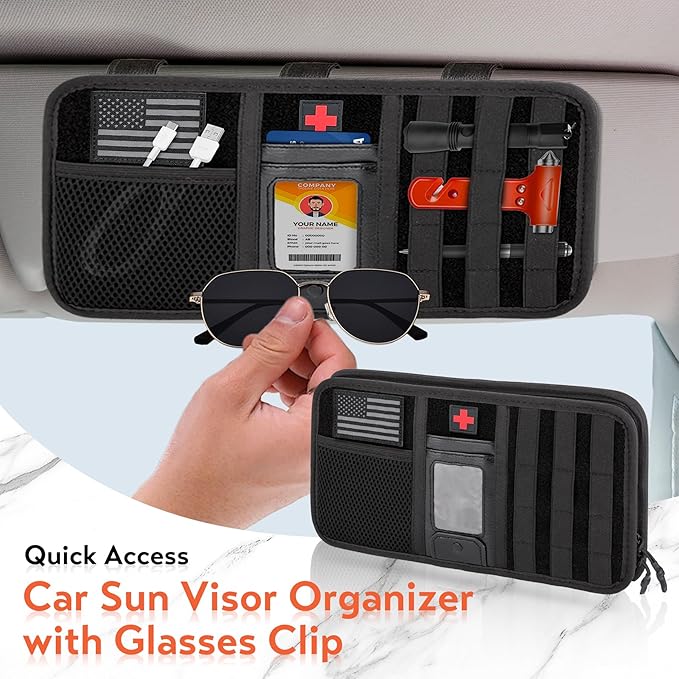 Molle Car Sun Visor Organizer, Tactical Visor Organizer with Zipper Pocket, Glasses Clip & ID Card, Semi-Rigid Molle Panel for Police Gear & Overlanding Accessories, Fit Trucks, SUVs, Jeeps, Black
