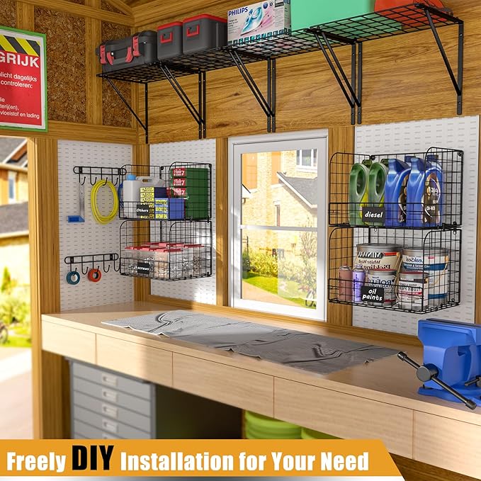 ThreeHio 2 Pack Garage Shelves Wall Mounted with Wire baskets, Heavy Duty Garage Wall Shelving with Hooks, Wire Shelf Baskets