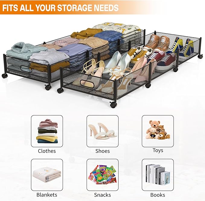 Under Bed Storage With Wheels, 47.2''/90lbs/57.6L, Metal Frame Under Bed Rolling Storage, Tool-Free Assembly Underbed Drawers