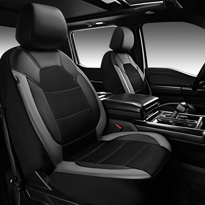 CAR PASS Leather Car Seat Covers Front Seats only, with Air Mesh Front Seat Covers Breathable, Cool Automotive Seat Covers 2 