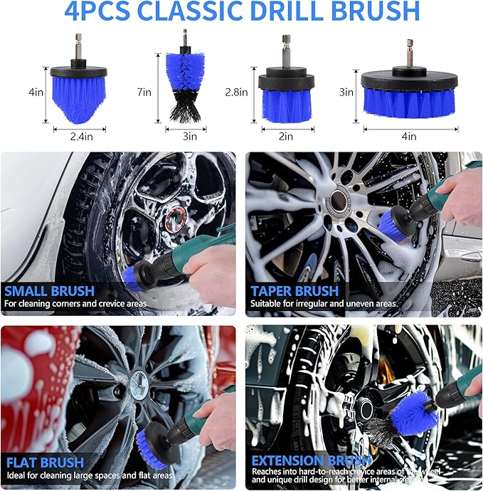 32Pcs Car Detailing Kit, Drill Brush Attachments with Detailing Brush Set and Tools Box, Blue Auto Cleaning Kit Interior for 
