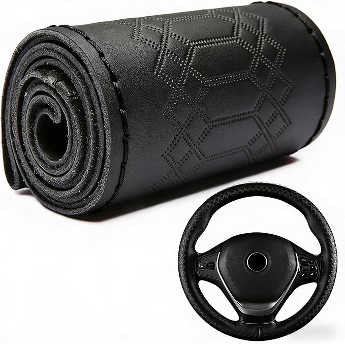 DEEYOTA Car Steering Wheel Cover Universal Fit Round Stitch Steering Wheel Wrap Thin PU Leather Steering Wheel Cover Sewn on 