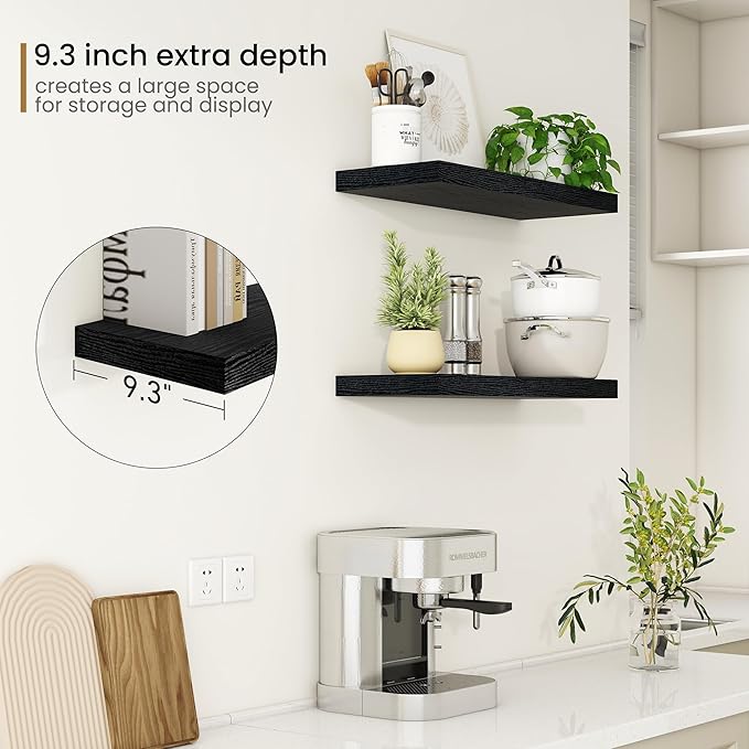Fun Memories Floating Shelves - 2 Pack 9.3 Inch Deep Rustic Wooden Wall Shelves - Wall Mounted Storage Shelf with Invisible B