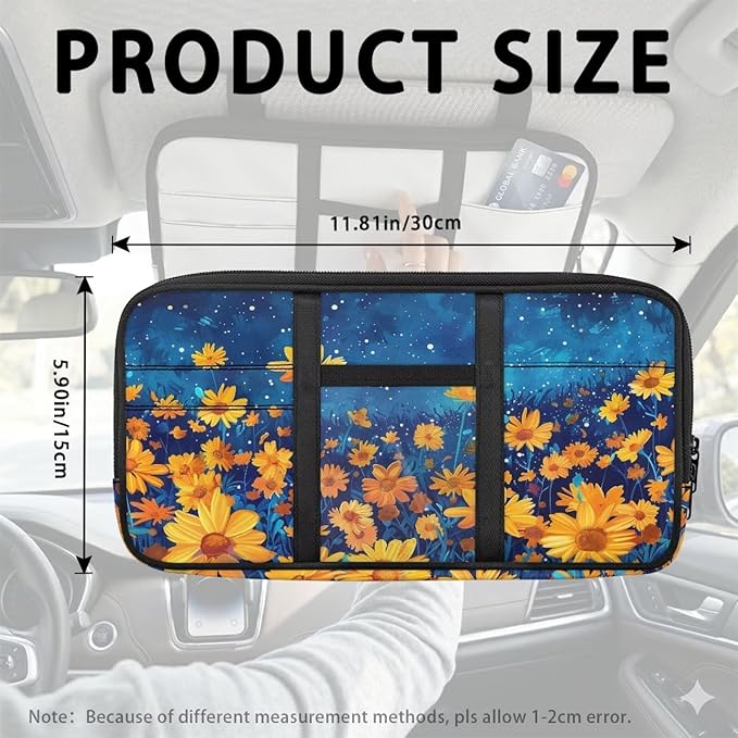 Floral Zippered Tactical Car Sun Visor Organizer, Automotive with Picture Holder Sun Visor Storage Pouch with Adjustable Straps and Pockets Easy Installation Universal Fit for Most Cars SUV