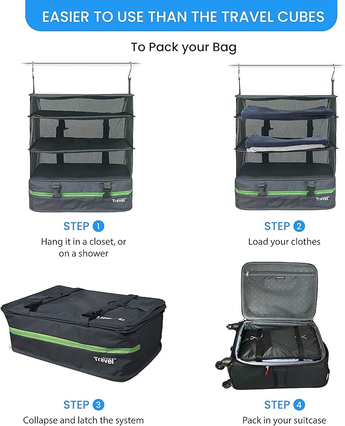 Stow-N-Go Portable Hanging Travel Shelves, Packing Organizer for Luggage. Carry on Closet for Clothes. Expandable Packing Cub