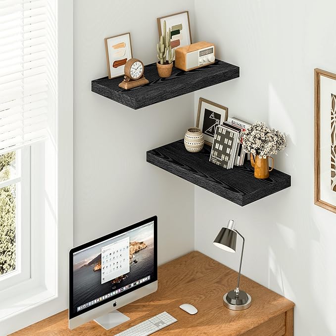 Vivelove Black Floating Shelves 24 Inches Wide, 12" Deep Wall Shelves for Bedroom, Bathroom, Living Room, Kitchen, Office, Ru