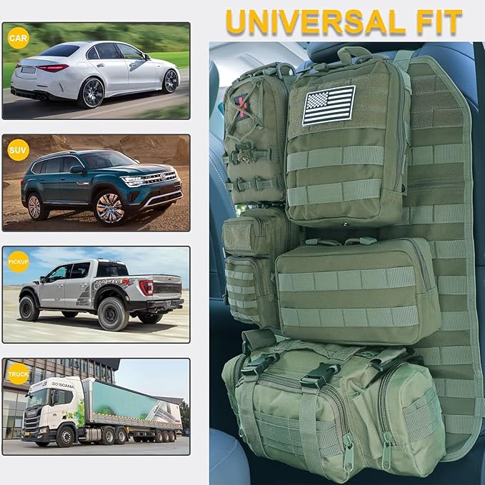 Universal Tactical Seat Back Organizer Vehicle Molle Panel Organizer Storage Bag with 5 Detachable Molle Pouch for All Vehicel Such as Jeep,Truck,SUV, Car, Ford,Chevy etc