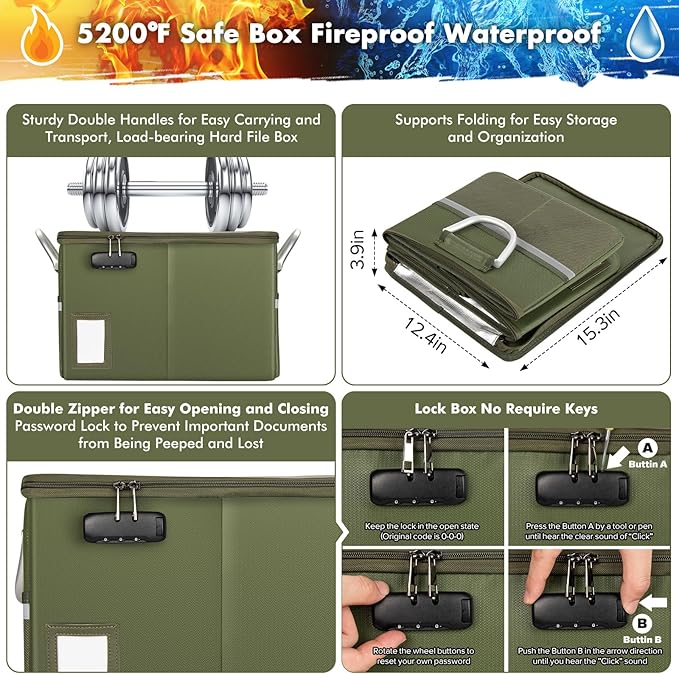 TOMKID 5200°F Fireproof Document Box, Fire Important Document Organizer with Lock, Upgraded Heat Insulated Filing Storage Cab