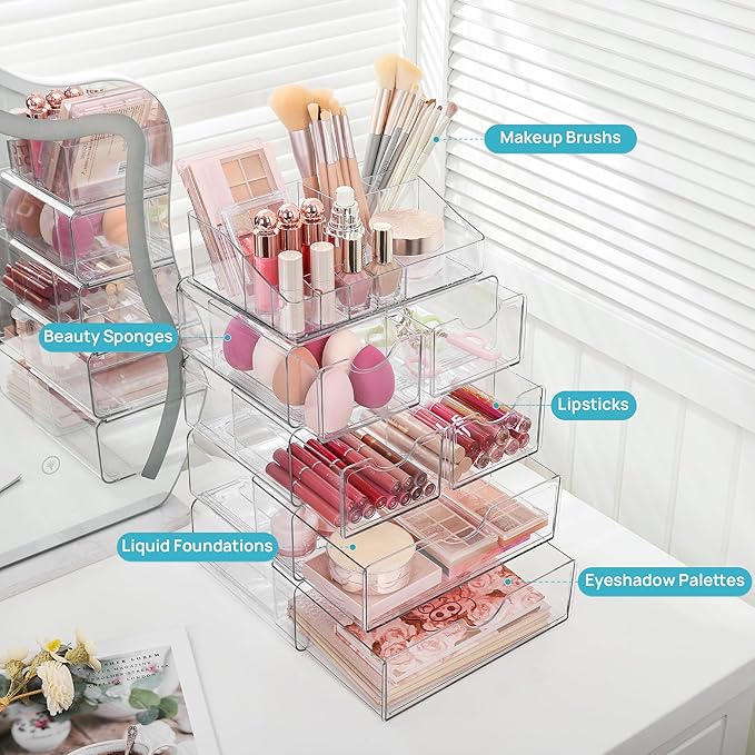 Vtopmart 5 Tier Clear Makeup Organizer with Drawer, Cosmetic Storage for Dresser Countertop and Bathroom Vanity, Beauty Holde