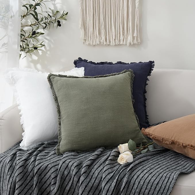 Foindtower Set of 2 Decorative Linen Fringe Throw Pillow Covers Cozy Boho Farmhouse Cushion Cover with Tassels Soft Accent Pi