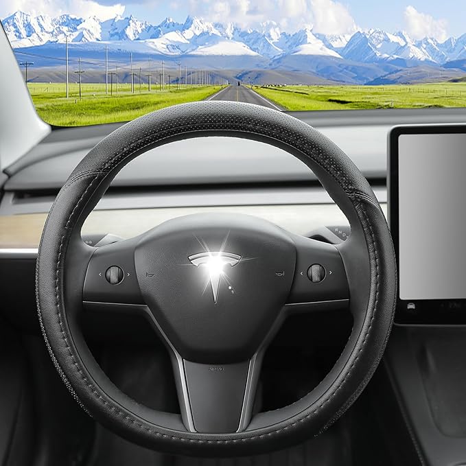 Custom Fit for Tesla Model 3 Steering Wheel Cover,Tesla Steering Wheel Cover Model 3 is Premium Leather Excellent Hand Texture,Non-Slip,Breathable, for Tesla Model 3 Accessories (Deluxe)