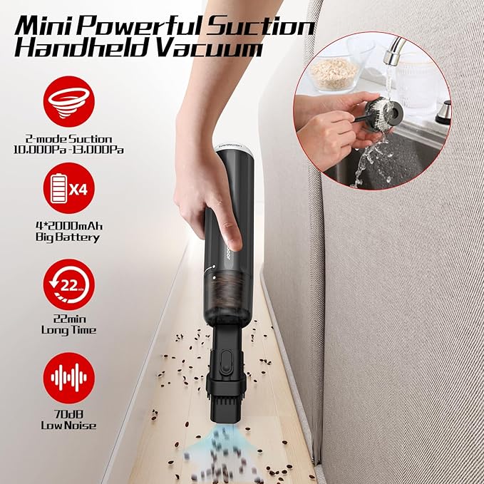 Chuboor 13000PA Powerful Car Vacuum Cleaner High Power Cordless Rechargeable, Handheld Vacuum, Portable Mini Vacuum with LED 