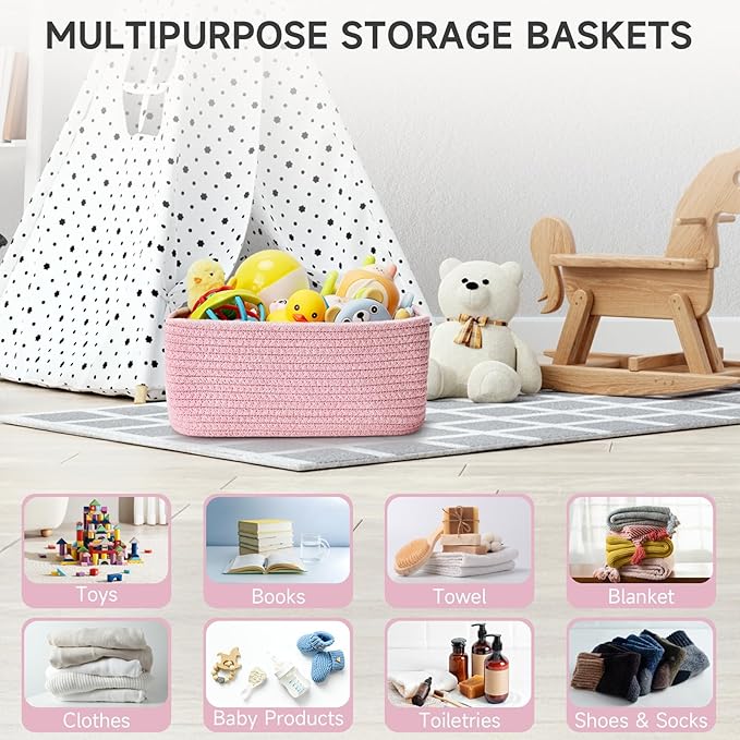 Shelf Baskets for Organizing | Storage Basket for Shelves | Small Woven Baskets | Rope Toy Basket | Closet Organizer Bins | C